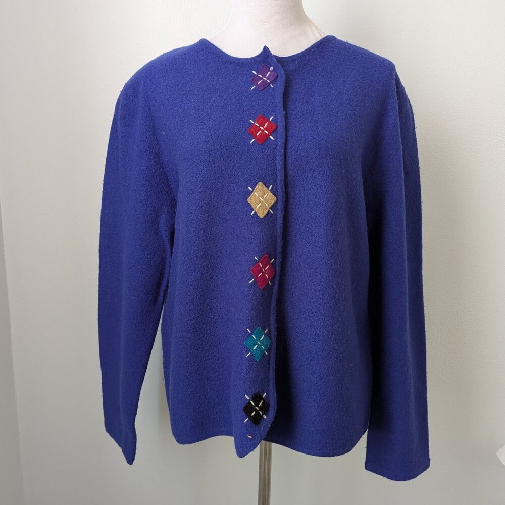 Vintage Bridgetown Collection Blue 100% Wool Cardigan, XL